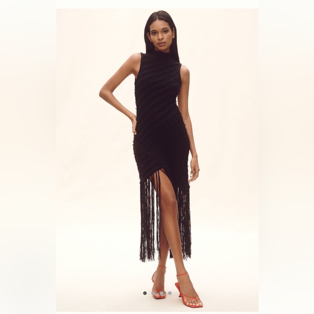 By Anthropologie Sleeveless Mock-neck Fringe Sweater Midi Dress